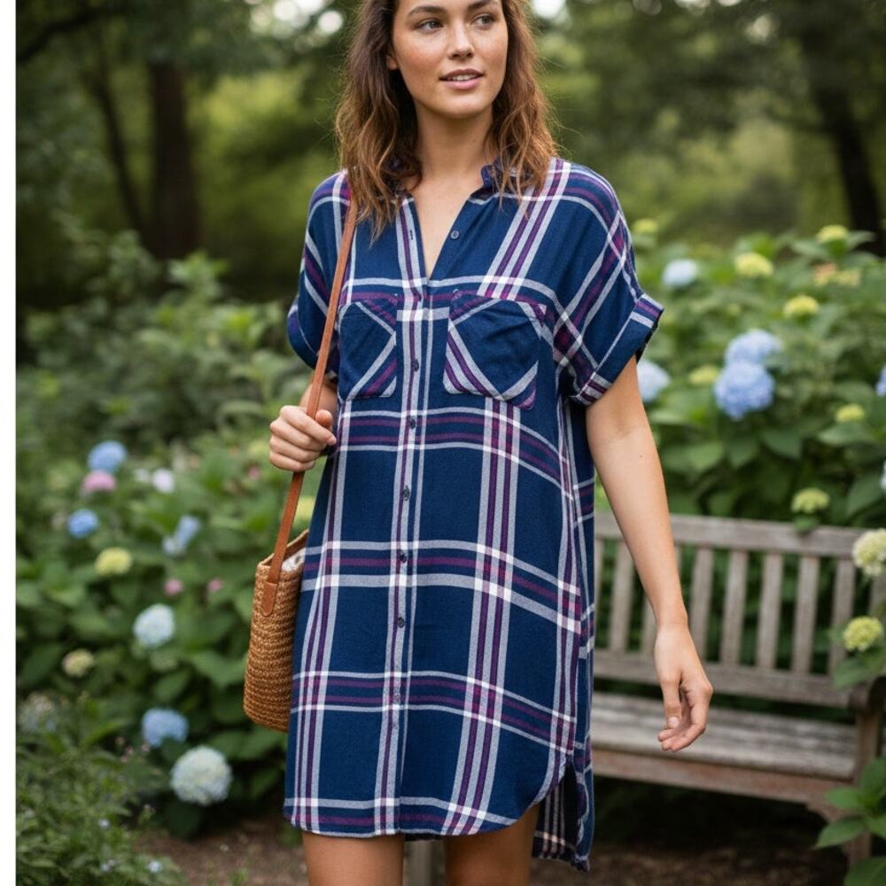 RAILS Flannel HALEY Shirt Dress Navy White Orchid Plaid Size Medium